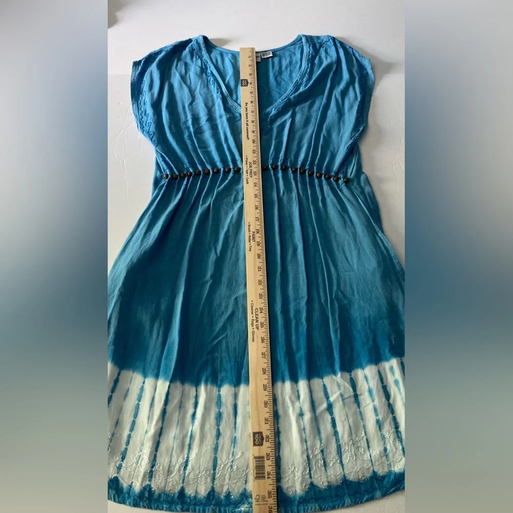 Raya Sun Dress SZ L Sky Blue Cotton Blend wood beaded and embroidered